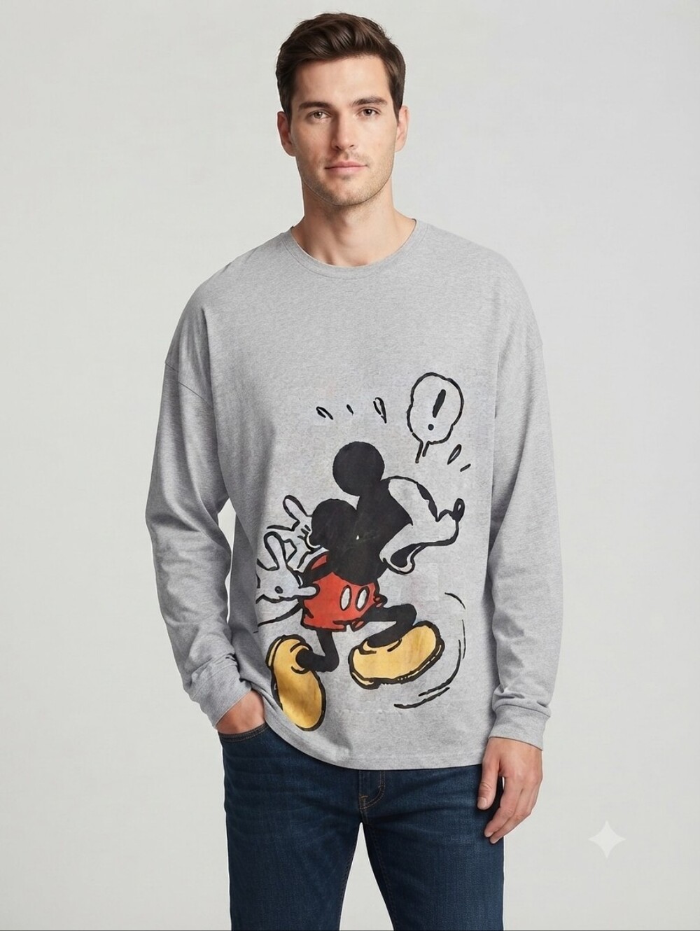 DISNEY Mickey Mouse Big Graphic Long Sleeve Tee Shirt Men's XXL Gray